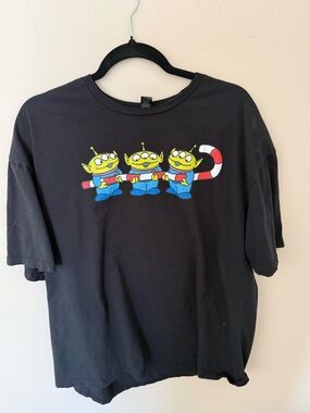 Mens Disney Pixar Black Graphic Christmas Tee with Aliens and Candy Cane